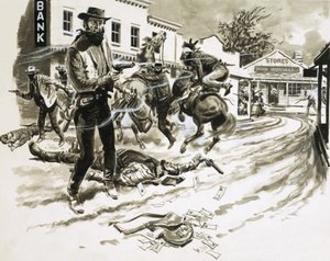 Cole Younger, un membro della banda di Jesse James, in una sparatoria
