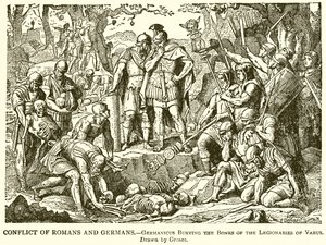 Conflitto tra romani e germani. Germanico seppellisce le ossa dei legionari di Varo da English School