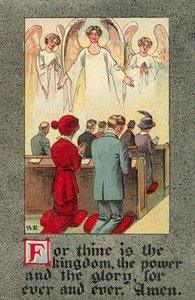 Congregazione che recita il Padre Nostro (litografia a colori) da English School