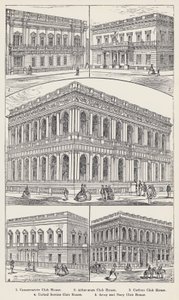 Conservative Club House, Athenaeum Club House, Carlton Club House, United Service Club House, Army and Navy Club House (incisione) da English School