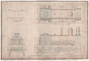 Disegno di costruzione, locomotiva 0-4-2 e tender di R. e W. Hawthorn e Co. per la Stanhope and Tyne Railway Co da English School