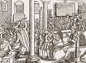 Xilografia contemporanea di una scuola di grammatica Tudor da English School