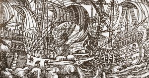 Xilografia contemporanea di una nave da guerra in mare da English School