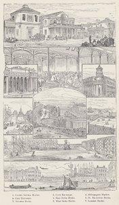 Convent Garden Market, Corn Exchange, Billingsgate Market, Coal Exchange, East India Docks, St Katherine Docks, Victoria Docks, West India Docks, London Docks (incisione) da English School