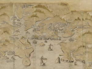 Mappa della costa tra Fowey e Salcombe, inclusa Plymouth. Parte di una mappa panoramica della costa da Land