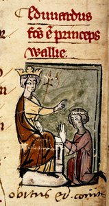 Cotton Nero D. II, f.191v Edoardo di Caernarvon (Edoardo II) creato Principe di Galles e Conte di Chester da suo padre, Re Edoardo I, al parlamento di Lincoln, 7 febbraio 1301, dal 