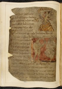 Un albero da cui cresce il balsamo; un donestre, un uomo con testa di bestia, a sinistra che tiene una gamba e un piede umano, e una persona a destra, illustrazione da Beowulf, dal 