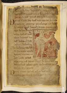 Un panotii, cioè un uomo con orecchie che sporgono su steli, che tiene un oggetto che sembra un arco, illustrazione da Beowulf, dal 