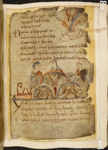 Una vite dorata; tre persone che parlano, rappresentando una nazione gentile che governa il Mar Rosso, dove si trovano le migliori perle, illustrazione da Beowulf, dal 