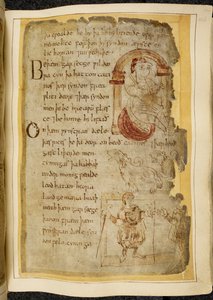 Un uomo seduto su un cuscino sotto un arco; due catini, bestie a bocca aperta simili a cani; un uomo in abito con un bastone, che estende la mano a un altro uomo, illustrazione da Beowulf, dal 
