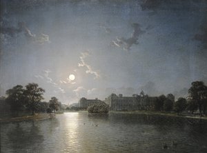 Casa di campagna attraverso un lago al chiaro di luna, c.1850