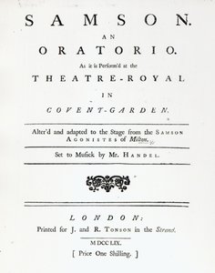 Copertina dello spartito per Samson, un oratorio di Handel, pubblicato nel 1759 da English School