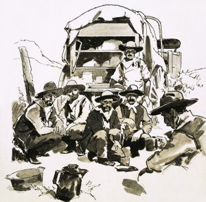 Cowboy riuniti intorno a un carro cucina da English School