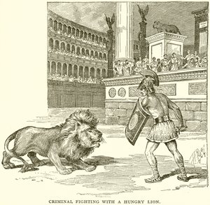 Criminale che combatte con un leone affamato da English School