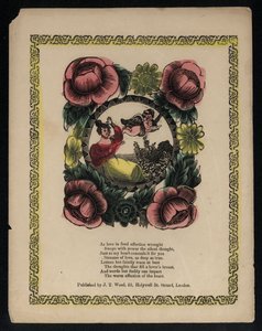 Cupido e donna in un giardino circondato da fiori, poesia d