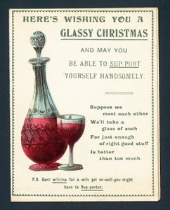 Decanter e bicchiere di vino rosso, cartolina di Natale da English School