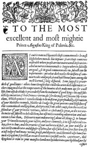 Dedica al re di Polonia Sigismondo II Augusto I in The Counsellor, la prima traduzione inglese di De optimo senatore di Wawrzyniec Grzymała Goślicki, 1598