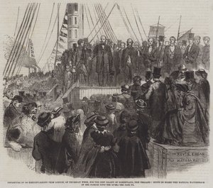 Partenza di 800 Nonconformisti da Londra, Giovedì della Settimana, per la Nuova Colonia di Albertland, Nuova Zelanda, Scena a Bordo della Matilda Wattenbach durante il suo Passaggio lungo il Fiume (incisione) da English School