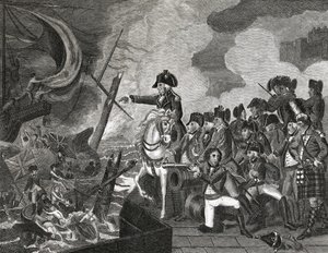 Distruzione delle cannoniere davanti a Gibilterra, inciso da H.Cook, 1816 da English School