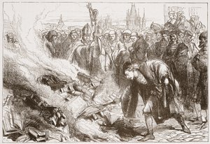 Distruzione delle opere di Wicliffe a Praga, illustrazione da La storia del protestantesimo di James Aitken Wylie (1808-1890), pub. 1878 da English School