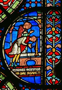 Dettaglio dalla Finestra dei Miracoli raffigurante Eilward di Westoning che ringrazia alla tomba di Tommaso Becket da English School