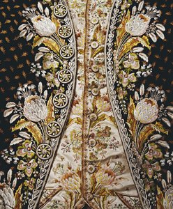 (dettaglio) di un abito completo da gentiluomo, composto da cappotto, panciotto e calzoni, 1780-90 da English School