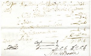Devonshire MSS AS 3101, foglio da un fascio di conti saldati da Pinder Simpson per Lord George Cavendish, incluso il conto di Alexander Bowie