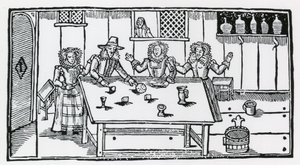 Gioco dei dadi. Donne in una taverna che incoraggiano un giovane a perdere i suoi soldi da English School