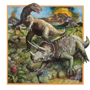 Dinosauri con vulcano (gouache su carta)