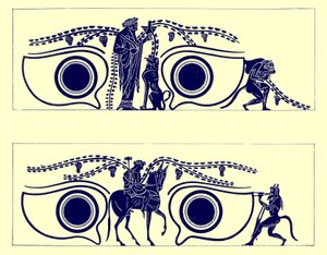 Dioniso, Efesto e satiri, illustrazione da Pitture di vasi greci di J. E. Harrison e D. S. MacColl, pubblicato nel 1894