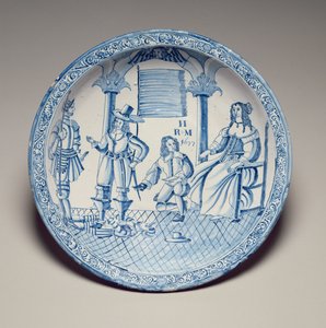 Piatto con la Regina Caterina seduta mentre un Cavaliere inginocchiato le prova una scarpa, 1677 da English School