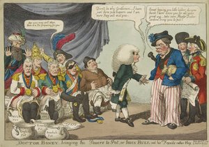 Doctor Boney che porta i poteri a Pot, o John Bull e i suoi amici piuttosto timidi, pub. 1808 (incisione colorata a mano)