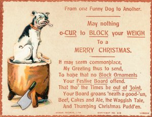 Cane seduto su un ceppo, biglietto di Natale da English School