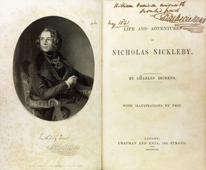 Doppia pagina con un ritratto di Dickens e una dedica di Dickens a William Harrison Ainsworth da English School