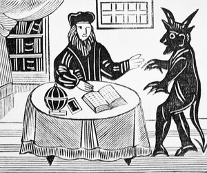 Il Dottor Faustus in Consiglio con il Diavolo, dalla traduzione di Gents del Dottor Faustus di Christopher Marlowe (1564-93) 1648 da una collezione di chapbook sull