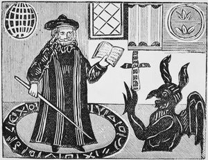 Dottor Faustus in un cerchio magico, frontespizio della traduzione di Gents del Dottor Faustus, pubblicato nel 1648 da English School