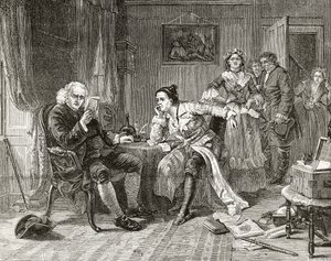 Dr Samuel Johnson che legge il manoscritto di 