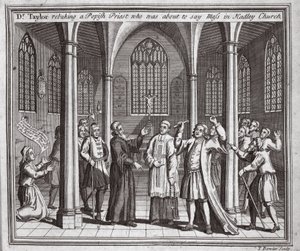 Dr Taylor che rimprovera un prete papista che stava per dire messa nella chiesa di Hadley, illustrazione da Foxes Martyrs c.1703