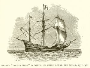 La Golden Hind di Drake, con cui circumnavigò il mondo, 1577-1580 da English School