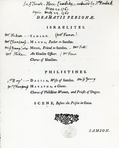 Dramatis Personae per Sansone, un oratorio di Handel da English School