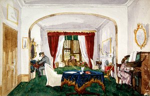 Interno del salotto, donna al pianoforte, uomo con bombetta che scrive, c.1850 da English School