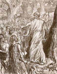 Druidi che incitano i Britanni a opporsi allo sbarco dei Romani, illustrazione da Cassells Illustrated History of England da English School