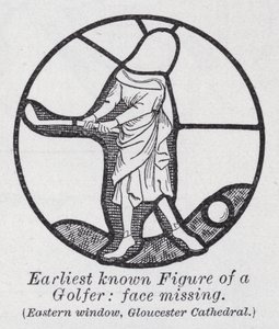 La più antica figura conosciuta di un golfista, volto mancante, finestra orientale, Cattedrale di Gloucester