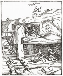 Rappresentazione precoce della Bacchetta Divinatoria, che mostra una figura con una bacchetta divinatoria sopra il terreno alla ricerca di acqua, carbone o oro e i minatori sottoterra che lavorano per trovare carbone. Da The Strand Magazine pubblicato nel 