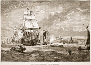 Navi della Compagnia delle Indie Orientali che lasciano Woolwich, illustrazione da Cassells Illustrated History of India di James Grant, pub. 1879 da English School