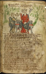 Edoardo II seduto su un trono, con scettro nella mano sinistra, e toccando la sua corona con la mano destra. Una piccola figura (probabilmente una personificazione del Galles) gli offre un