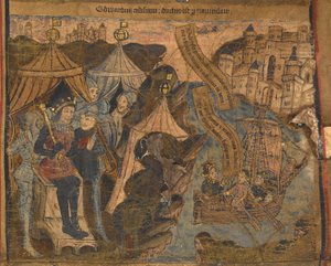 Edoardo di York, insieme ai conti di Salisbury e Warwick, salpano per Calais dopo la battaglia di Ludford Bridge. Re Enrico VI osserva trionfante, illustrazione da 