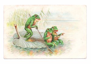 Cartolina edoardiana raffigurante due rane sedute su una barca di ninfee mentre una terza rema, 1910 circa (litografia a colori)