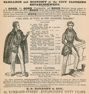 Eleganza ed economia presso il City Clothing Establishment; E P Doudney & Son, 49 Lombard Street, Londra da English School