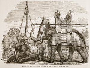 Elefante equipaggiato per la battaglia, con armatura, howdah, ecc., illustrazione da Cassells Illustrated History of India di James Grant, pub. 1879 da English School